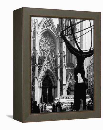 Entrance to St. Patrick's Visible Across Fifth Avenue, with Atlas Statue Silhouetted in Foreground-Andreas Feininger-Framed Premier Image Canvas