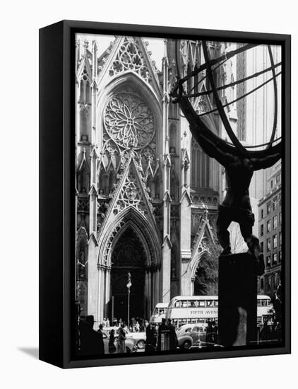 Entrance to St. Patrick's Visible Across Fifth Avenue, with Atlas Statue Silhouetted in Foreground-Andreas Feininger-Framed Premier Image Canvas