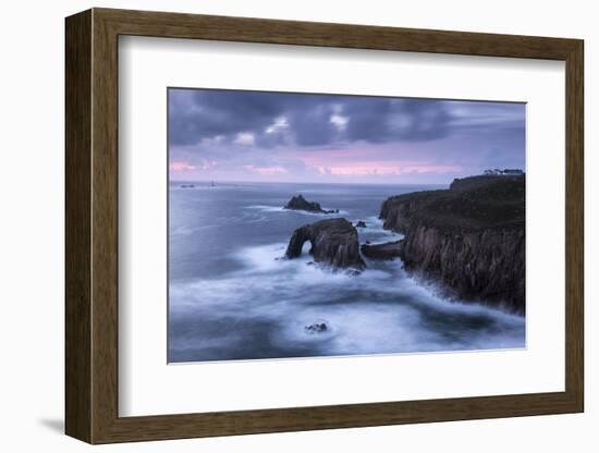 Enys Dodnan Arch, the Armed Knight rock and Longships lighthouse, Land's End, Cornwall, UK-Ross Hoddinott-Framed Photographic Print