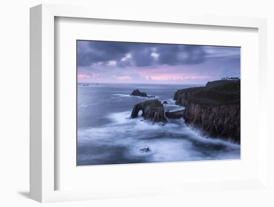 Enys Dodnan Arch, the Armed Knight rock and Longships lighthouse, Land's End, Cornwall, UK-Ross Hoddinott-Framed Photographic Print