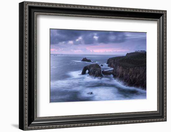 Enys Dodnan Arch, the Armed Knight rock and Longships lighthouse, Land's End, Cornwall, UK-Ross Hoddinott-Framed Photographic Print