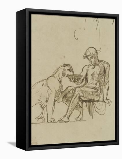 Ephèbe assis donnant à boire dans une coupe à une lionne ou Bacchus,étude pour les fresques de-Eugene Delacroix-Framed Premier Image Canvas