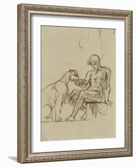 Ephèbe assis donnant à boire dans une coupe à une lionne ou Bacchus,étude pour les fresques de-Eugene Delacroix-Framed Giclee Print