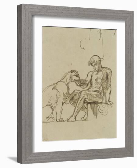 Ephèbe assis donnant à boire dans une coupe à une lionne ou Bacchus,étude pour les fresques de-Eugene Delacroix-Framed Giclee Print