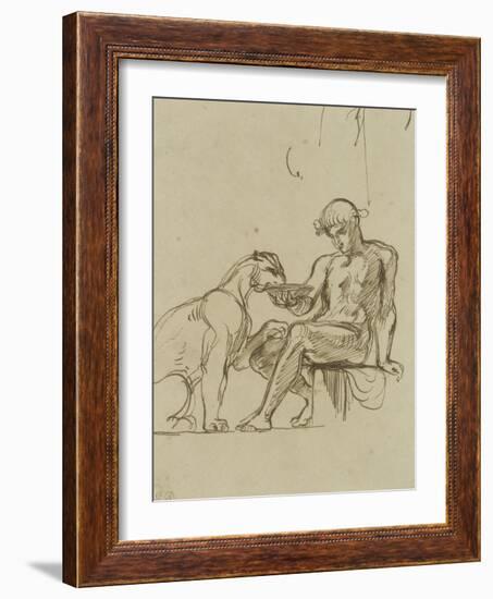 Ephèbe assis donnant à boire dans une coupe à une lionne ou Bacchus,étude pour les fresques de-Eugene Delacroix-Framed Giclee Print