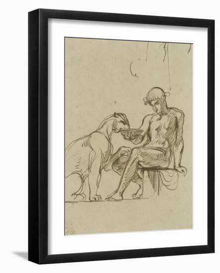 Ephèbe assis donnant à boire dans une coupe à une lionne ou Bacchus,étude pour les fresques de-Eugene Delacroix-Framed Giclee Print