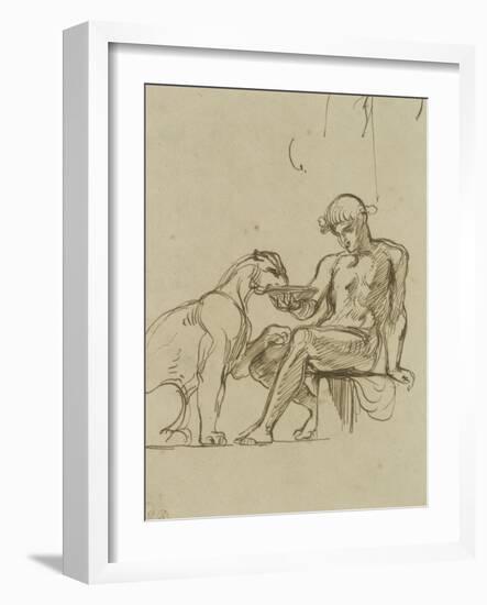 Ephèbe assis donnant à boire dans une coupe à une lionne ou Bacchus,étude pour les fresques de-Eugene Delacroix-Framed Giclee Print