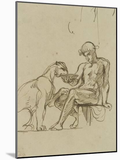 Ephèbe assis donnant à boire dans une coupe à une lionne ou Bacchus,étude pour les fresques de-Eugene Delacroix-Mounted Giclee Print