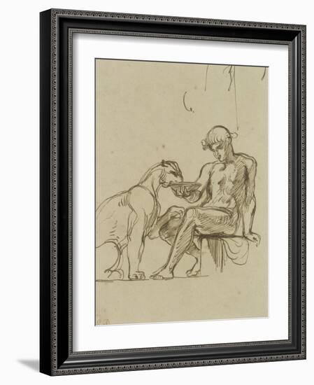 Ephèbe assis donnant à boire dans une coupe à une lionne ou Bacchus,étude pour les fresques de-Eugene Delacroix-Framed Giclee Print