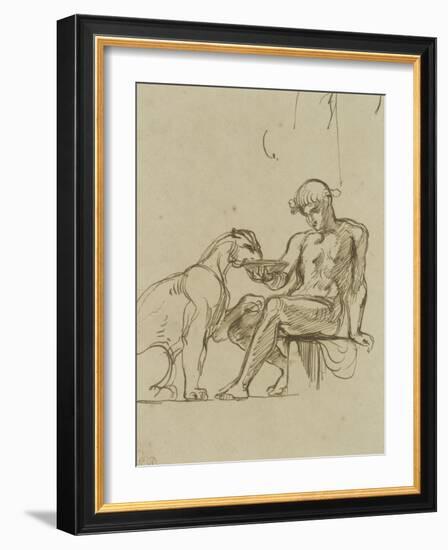 Ephèbe assis donnant à boire dans une coupe à une lionne ou Bacchus,étude pour les fresques de-Eugene Delacroix-Framed Giclee Print