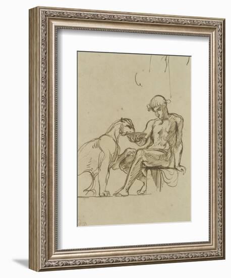 Ephèbe assis donnant à boire dans une coupe à une lionne ou Bacchus,étude pour les fresques de-Eugene Delacroix-Framed Giclee Print