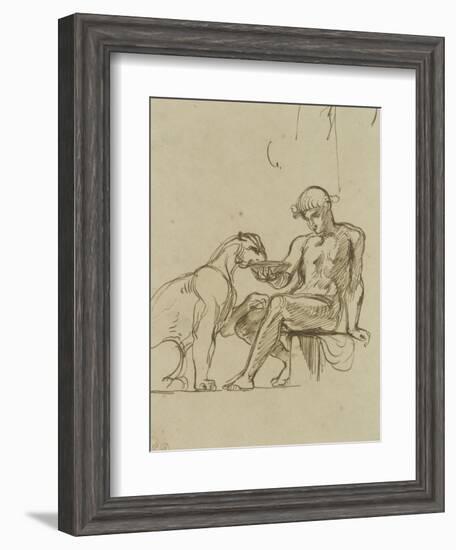 Ephèbe assis donnant à boire dans une coupe à une lionne ou Bacchus,étude pour les fresques de-Eugene Delacroix-Framed Giclee Print