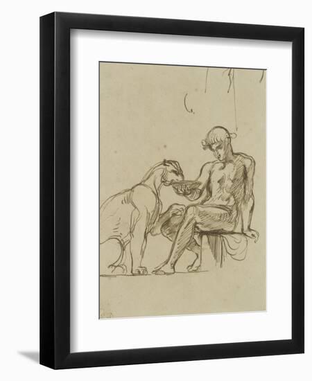 Ephèbe assis donnant à boire dans une coupe à une lionne ou Bacchus,étude pour les fresques de-Eugene Delacroix-Framed Giclee Print