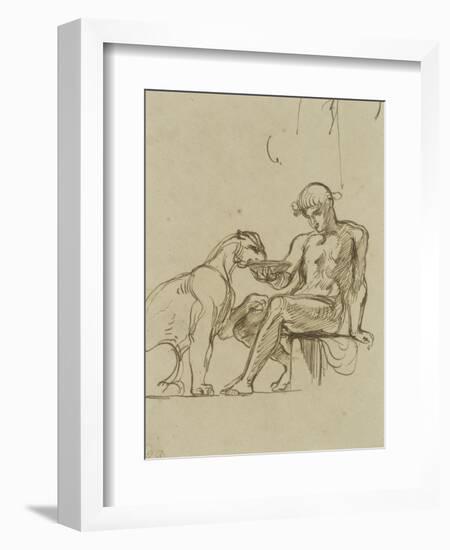 Ephèbe assis donnant à boire dans une coupe à une lionne ou Bacchus,étude pour les fresques de-Eugene Delacroix-Framed Giclee Print