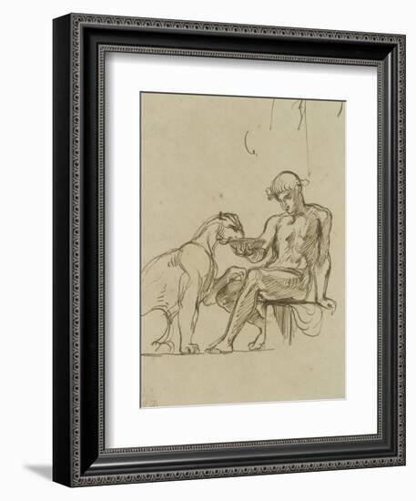 Ephèbe assis donnant à boire dans une coupe à une lionne ou Bacchus,étude pour les fresques de-Eugene Delacroix-Framed Giclee Print