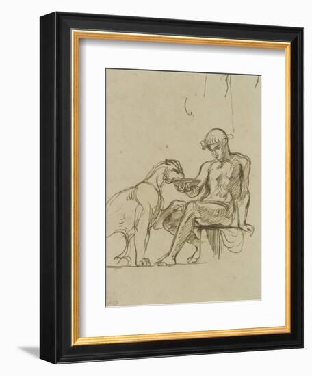 Ephèbe assis donnant à boire dans une coupe à une lionne ou Bacchus,étude pour les fresques de-Eugene Delacroix-Framed Giclee Print