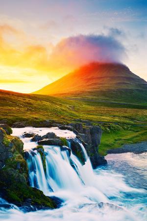 Sunset Waterfall. Amazing Nature Landscape.' Photographic
