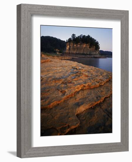 Eroded limestone and Tower Rock, Mississippi River, Perry County, Missouri, USA-Charles Gurche-Framed Photographic Print