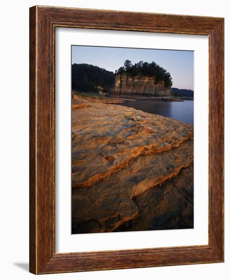 Eroded limestone and Tower Rock, Mississippi River, Perry County, Missouri, USA-Charles Gurche-Framed Photographic Print