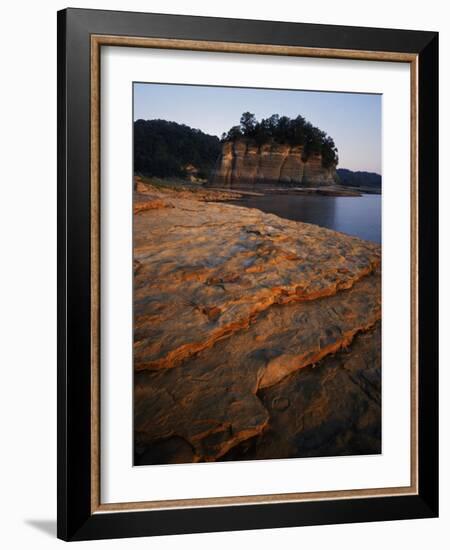 Eroded limestone and Tower Rock, Mississippi River, Perry County, Missouri, USA-Charles Gurche-Framed Photographic Print