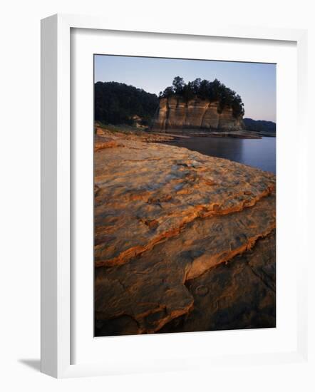 Eroded limestone and Tower Rock, Mississippi River, Perry County, Missouri, USA-Charles Gurche-Framed Photographic Print