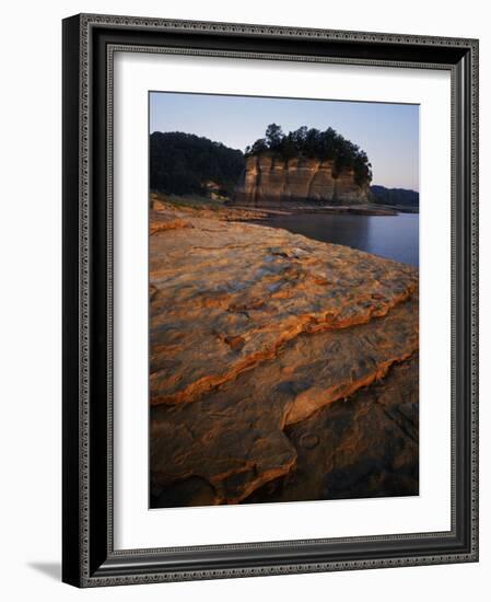 Eroded limestone and Tower Rock, Mississippi River, Perry County, Missouri, USA-Charles Gurche-Framed Photographic Print
