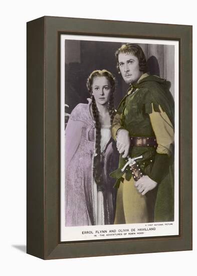 Erroll Flynn as Robin and Olivia de Havilland as Maid Marian in "The Adventures of Robin Hood" 1938-null-Framed Stretched Canvas