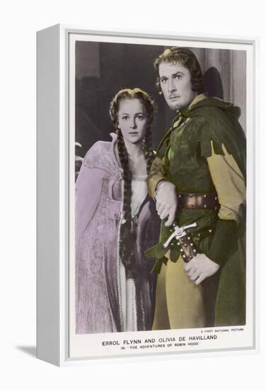 Erroll Flynn as Robin and Olivia de Havilland as Maid Marian in "The Adventures of Robin Hood" 1938-null-Framed Stretched Canvas