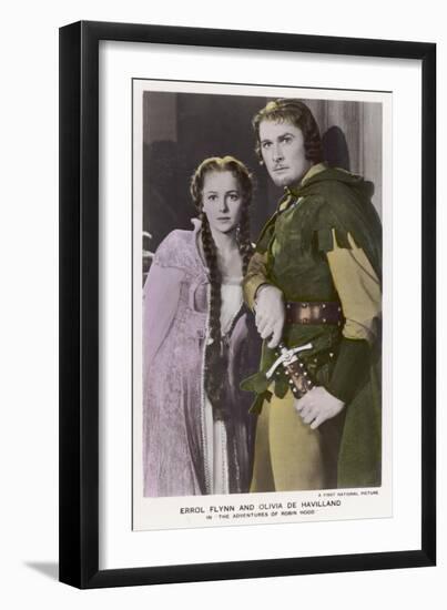 Erroll Flynn as Robin and Olivia de Havilland as Maid Marian in "The Adventures of Robin Hood" 1938-null-Framed Premium Giclee Print