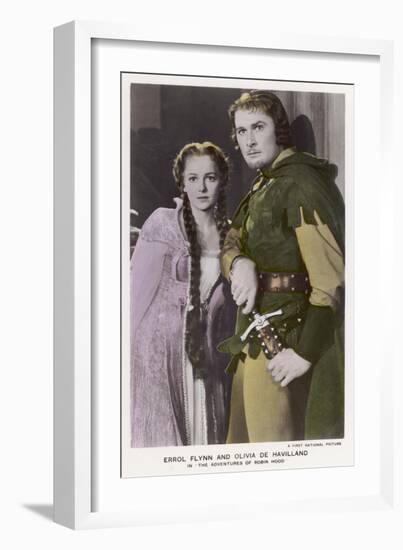 Erroll Flynn as Robin and Olivia de Havilland as Maid Marian in "The Adventures of Robin Hood" 1938-null-Framed Premium Giclee Print