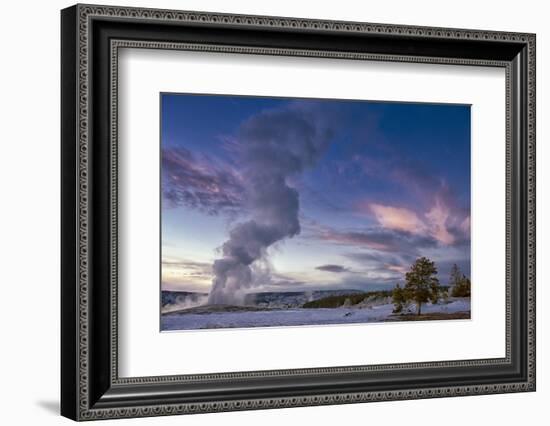 Eruption of Old Faithful Geyser after Sunset. Yellowstone National Park, Wyoming.-Tom Norring-Framed Photographic Print