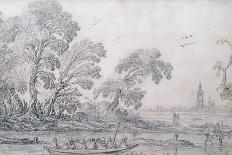 A Horsedrawn Ferry on a Canal, The Hague beyond black chalk-Esaias I van de Velde-Giclee Print