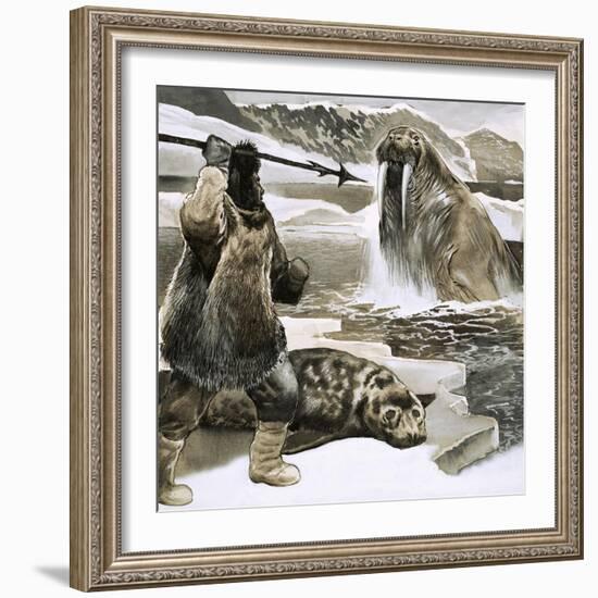 Eskimo Attacking Walrus-English School-Framed Giclee Print