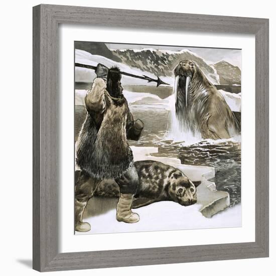 Eskimo Attacking Walrus-English School-Framed Giclee Print