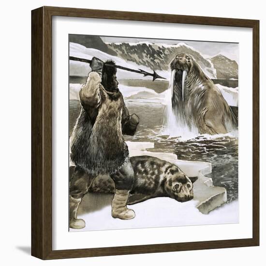 Eskimo Attacking Walrus-English School-Framed Giclee Print