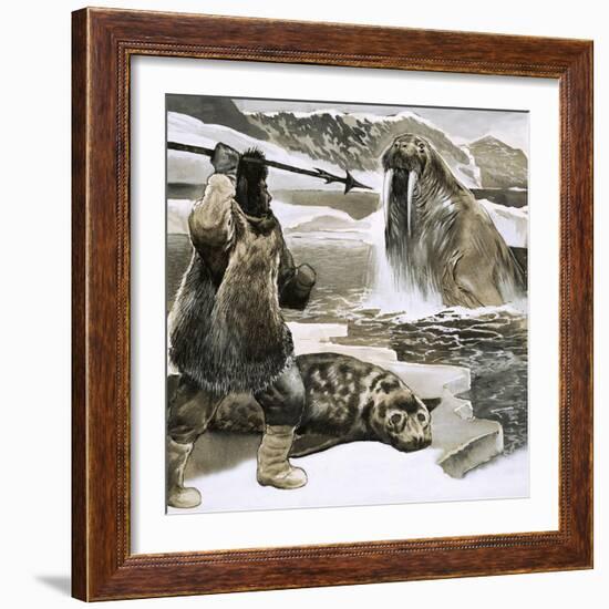 Eskimo Attacking Walrus-English School-Framed Giclee Print