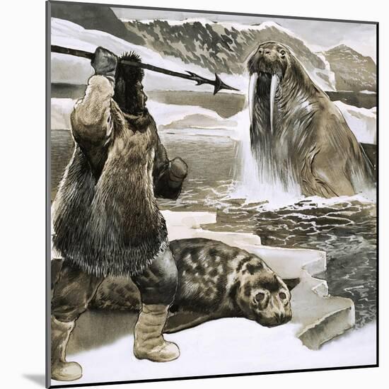 Eskimo Attacking Walrus-English School-Mounted Giclee Print