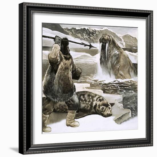 Eskimo Attacking Walrus-English School-Framed Giclee Print