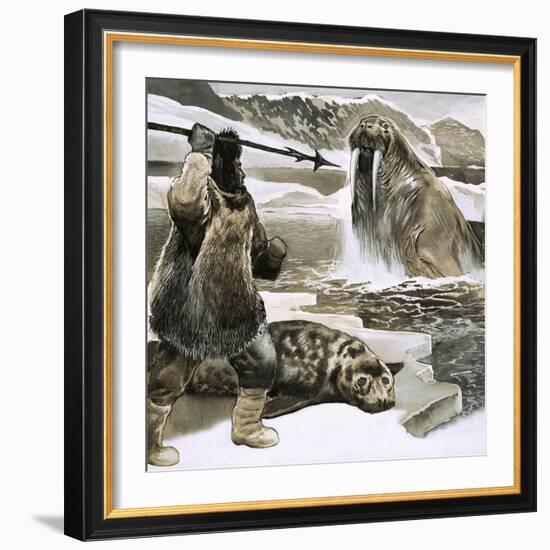 Eskimo Attacking Walrus-English School-Framed Giclee Print