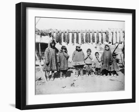 Eskimo Children in front of Dried Salmon Photograph - Alaska-Lantern Press-Framed Art Print