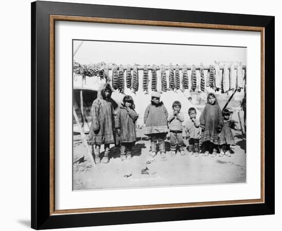 Eskimo Children in front of Dried Salmon Photograph - Alaska-Lantern Press-Framed Art Print