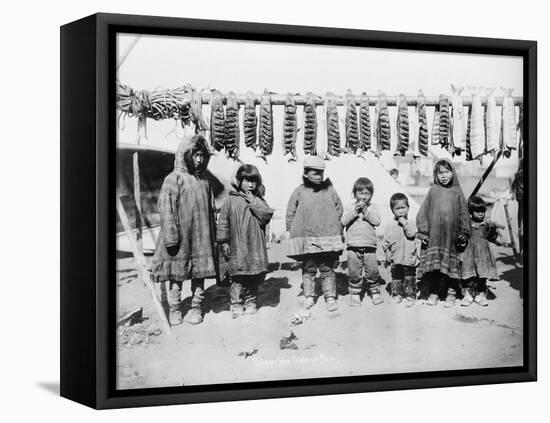 Eskimo Children in front of Dried Salmon Photograph - Alaska-Lantern Press-Framed Stretched Canvas