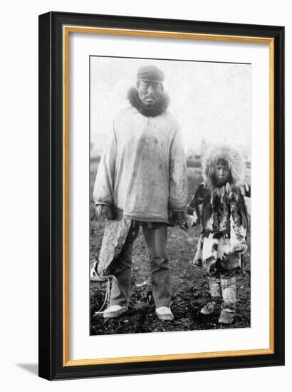 Eskimo Father and Child In Alaska Photograph - Alaska-Lantern Press-Framed Art Print