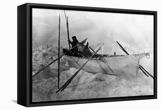 Eskimo in Boat made with Skins called an Omiak Photograph - Alaska-Lantern Press-Framed Stretched Canvas