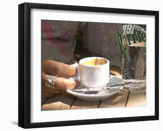 Espresso Coffee Cup and Glass of Perrier Water on Cafe Table, Toulon, Var, Cote d'Azur, France-Per Karlsson-Framed Photographic Print