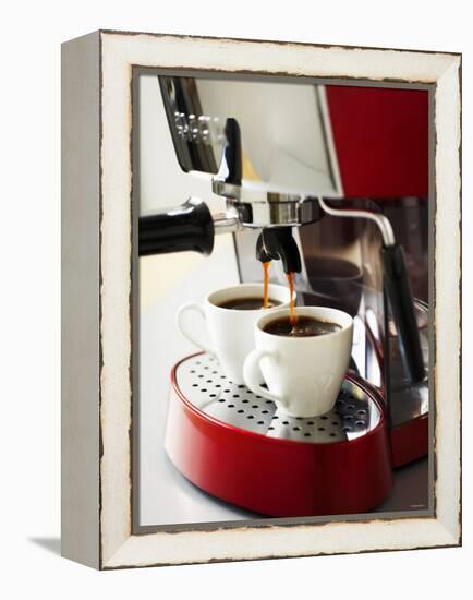 Espresso Running into Espresso Cups-Gerrit Buntrock-Framed Premier Image Canvas