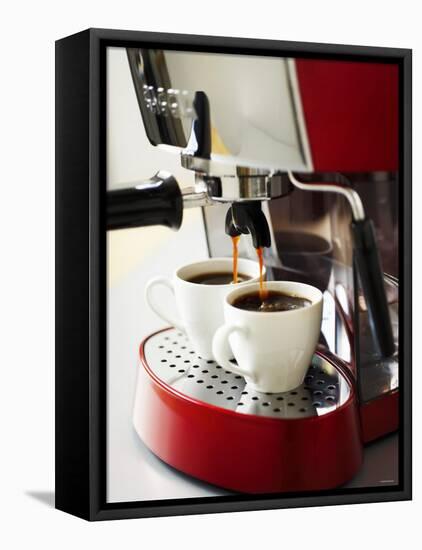 Espresso Running into Espresso Cups-Gerrit Buntrock-Framed Premier Image Canvas