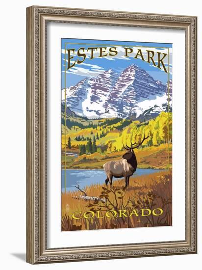 Estes Park, Colorado - Mountains and Elk-Lantern Press-Framed Art Print