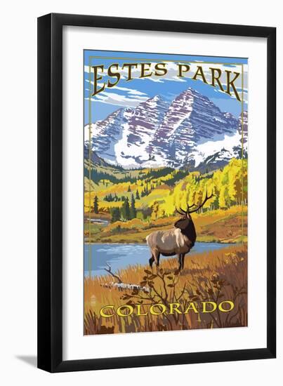 Estes Park, Colorado - Mountains and Elk-Lantern Press-Framed Art Print