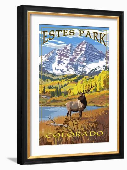 Estes Park, Colorado - Mountains and Elk-Lantern Press-Framed Art Print